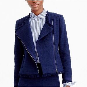 J. Crew Tweed Motorcycle Navy Blazer with Fringe Detail